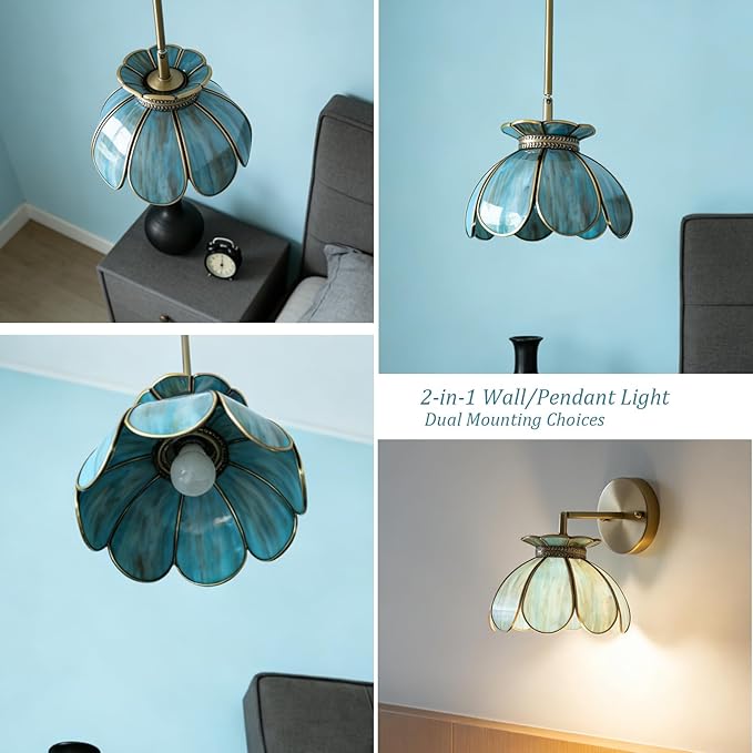 Vintage Brass Ceiling Pendant Light with Stained Lotus Flower Blue Glass Shade,Oriental Hanging Lamp or Wall Sconces Dual-Purpose, for Kitchen Island Dining Room Bedroom Living Room-7.9" Shade