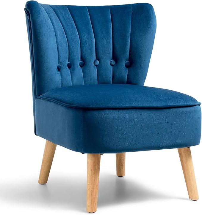 Giantex Modern Velvet Accent Chair, Small Upholstered Leisure Sofa Chair w/Wood Legs, Thickly Padded and Button Tufted, Armless Wingback Club Chairs for Living Room Bedroom Furniture (1, Blue)