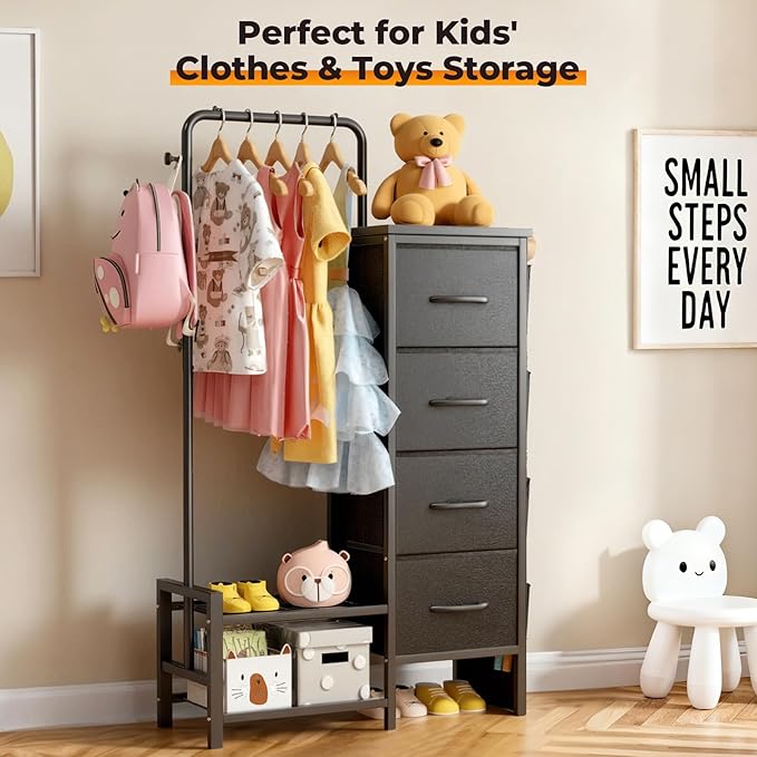 Dresser with Hanging Rack - 4 Drawers & 4 Side Bags, Fabric Chest of Drawers with with Bottom Shelves, 52" Tall Clothes Rack for Women/Kids Bedroom & Living Room - Black