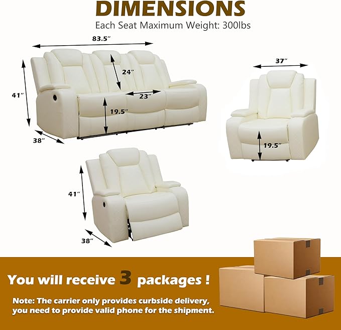Power Recliner Sofa Set with LED, Breathing Leather Living Room Set 3 Piece, Reclining Couch and Two Chair with USB Port&Storage Console (Cream White)