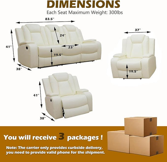 Power Recliner Sofa Set with LED, Breathing Leather Living Room Set 3 Piece, Reclining Couch and Two Chair with USB Port&Storage Console (Cream White)