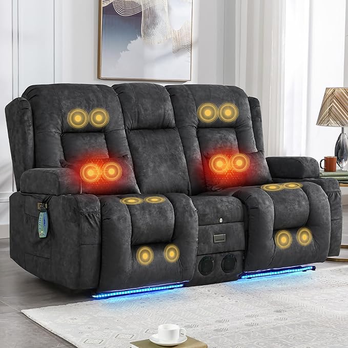 IPKIG Power Recliner Sofa with Flip-Up Backrest Console, USB & USB-C Ports, AC Outlet, LED Lights, Wall Hugger Recliners for Living Room, RV (Drak Grey, 67" - 3 Seat) | Velvet Fabric, Zero Gravity, Dual Reclining, 2 Lumabr Pillow, Bluetooth Speakers