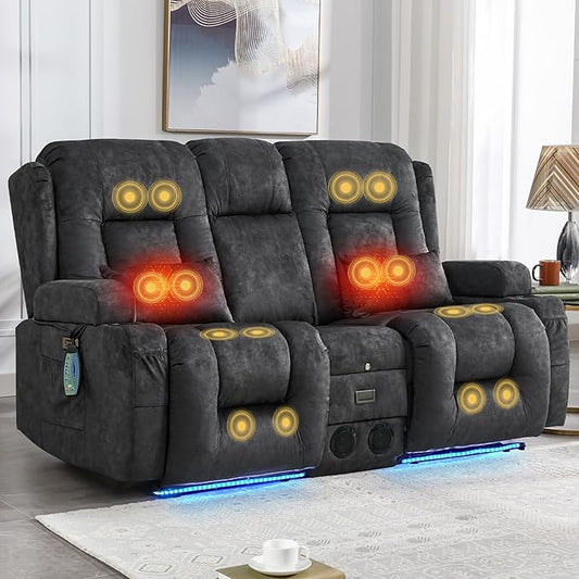 IPKIG Power Recliner Sofa with Flip-Up Backrest Console, USB & USB-C Ports, AC Outlet, LED Lights, Wall Hugger Recliners for Living Room, RV (Drak Grey, 67" - 3 Seat) | Velvet Fabric, Zero Gravity, Dual Reclining, 2 Lumabr Pillow, Bluetooth Speakers