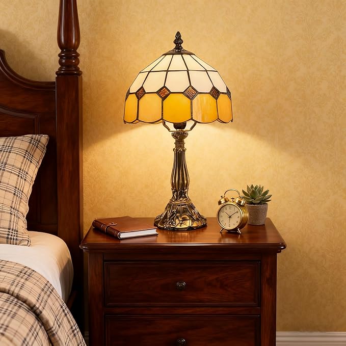 Table Lamp Tiffany-Style 8 Inch Mediterranean Series Stained Glass Lampshades Small Bedside Lamp Reading Antique Desk Light Livingroom Bedroom Office Vintage Art De(Color:Orange)