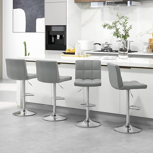 COSTWAY Adjustable Bar Stools Set of 4, Modern Swivel PU Leather Bar Chair with Backrest, Soft Cushioned Seat, Footrest, Sturdy Metal Frame, Comfortable Barstools for Kitchen Island, Pub, Grey