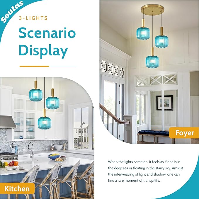 3-Light Pendant Chandelier Gold Cluster Pendant Lighting Blue Glass Pendant Lights Kitchen Island Lights Ceiling Hanging Modern Dining Room Pendant Light Fixtures Over Table