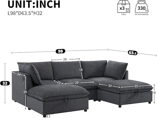 Merax Modern U-Shaped Sectional Sofa with 2 Movable Storage Ottomans, Chenille 6-Seat Couch Set with Fold-Down Backrest Table, Charing Ports, Cup Holders for Living Room,Small Space, Gray