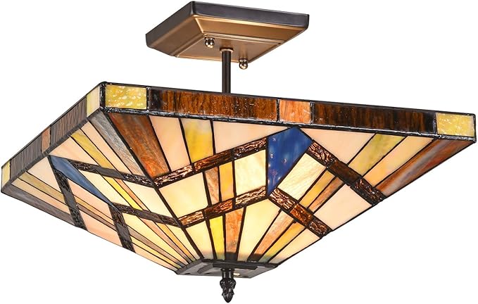Capulina Tiffany Lamp Stained Glass Semi Flush Mount Ceiling Light 2-Light 14 Inches Wide Cream Amber Antique Tiffany Style Ceiling Lamp for Home Kitchen Porch Entryway Bathroom Hallway