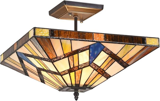 Capulina Tiffany Lamp Stained Glass Semi Flush Mount Ceiling Light 2-Light 14 Inches Wide Cream Amber Antique Tiffany Style Ceiling Lamp for Home Kitchen Porch Entryway Bathroom Hallway