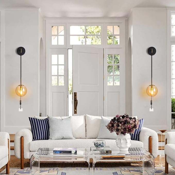 Wall Sconces Set of Two Black and Brass Gold 🔥🔥🔥 Plug in Wall Sconces Set of 2 with Globe Amber Glass Shade Wall Lights Wall Lamps for Bedrooms Sconces Wall Decor Set of 2 with Plug in Cord Switch