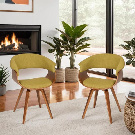 Armen Living Summer Modern Chair in Green Fabric and Walnut Wood - Set of 2