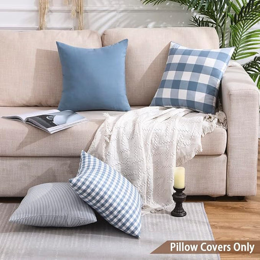 CARRIE HOME Light Blue Farmhouse Buffalo Plaid Pillow Covers 18x18 Set of 2 Patio Outdoor Decor Neutral Checkered Pillow Covers 18 x 18, Blue and White Gingham