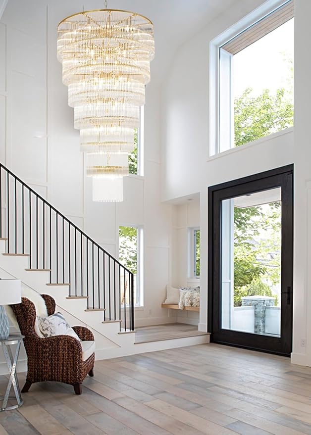 Extra Large Long Brass Chandelier for High Ceiling H68 Modern 7 Tiers Glass Staircase Chandelier Foyer Entryway Lighting Pendant Light Fixture for Grand Living Room Stairway Hall
