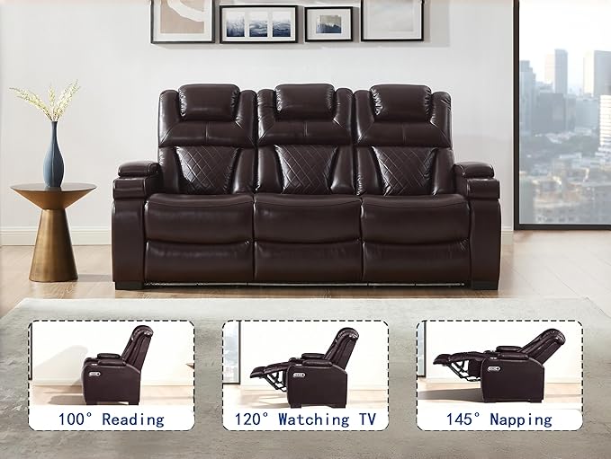 THSUPER Power Breathable Leather Reclining Sofa with 7-Color LED Light, Living Room Recliner Couch with Adjustable Headrest/Reading Light/USB Port/Storage Arm/Drop Down Table for Living Room, Brown