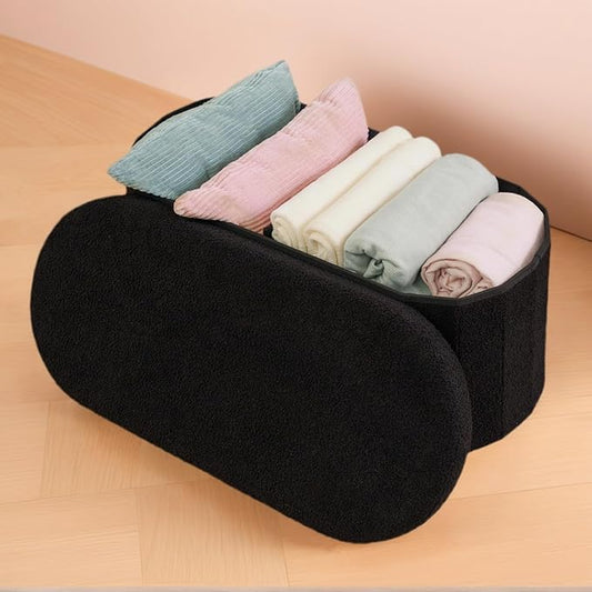 PINPLUS Storage Ottoman Bench Tufted Oval Ottomans Bench Foot Rest, Boulce Bench with Storage 30"x15"x15" (Black)