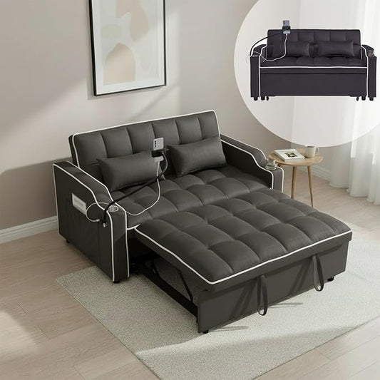 Convertible Sofa Bed, 3 in 1 Futon Sofa Bed with USB Charging Ports, Cup Holder, Phone Stand & Pocket, Modern Upholstered Sleeper Sofa for Living Room, Apartment or Small Space (Grey-L)