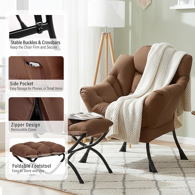 Lazy Chair with Ottoman, Modern Accent Chair with Folding Footrest, Dark Brown Sofa Chair Set, Comfortable Reading Chairs, Oversized Armchairs for Bedroom, Study, Living Room, Courtyard