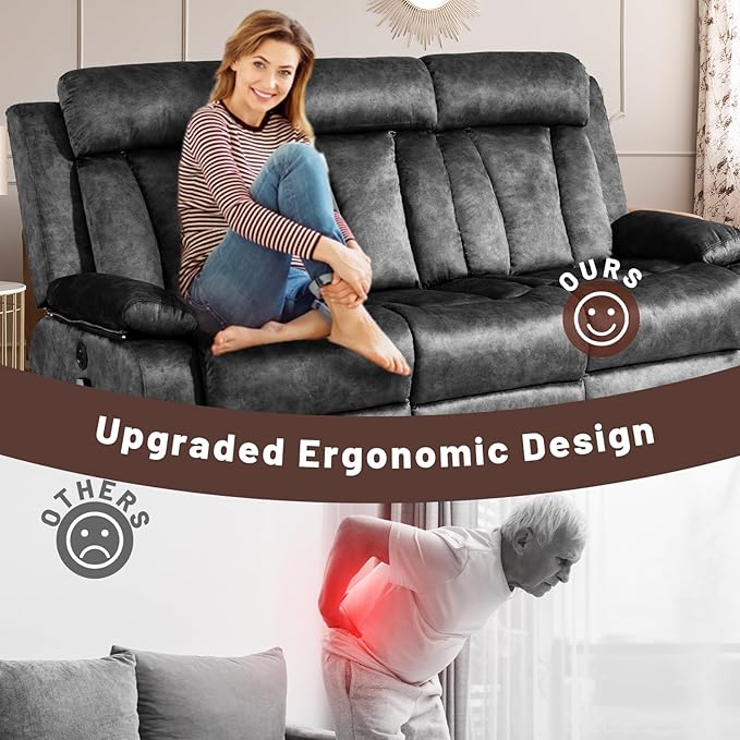 Electric Power Reclining Sofa w/Flipped Middle Backrest & Cup Holders, Power Recliner Couch w/Massage & Heat, Spacious 3-Seater Couch for Living Room Comfort (Gray)