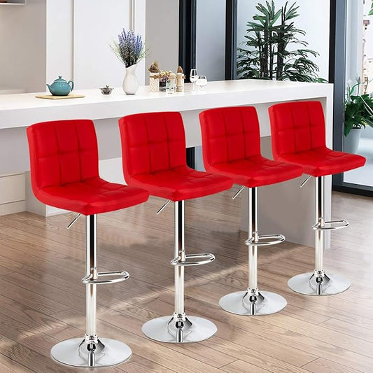 COSTWAY Adjustable Bar Stools Set of 4, Modern Swivel PU Leather Bar Chair with Backrest, Soft Cushioned Seat, Footrest, Sturdy Metal Frame, Comfortable Barstools for Kitchen Island, Pub, Red
