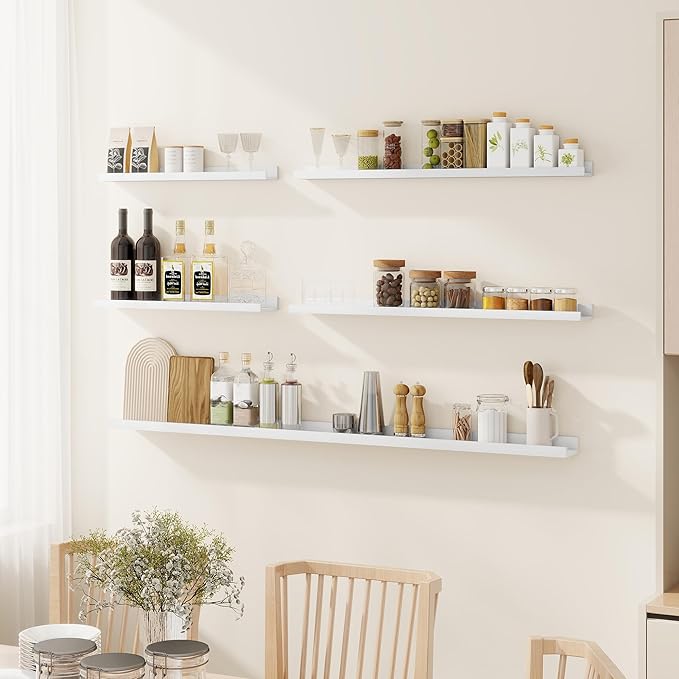Fun Memories Picture Ledge Shelves Set of 2-55 Inch Shelves with Lip - Large Nursery Bookshelf for Storage - Floating Shelf Wall Mounted for Living Room - Bedroom -Kitchen - White Color