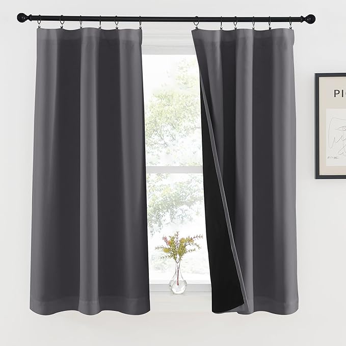 NICETOWN Grey 100% Blackout Curtains 45 inches Long for Kitchen, Rod Pocket Basement Completely Blackout Window Treatment Thermal Insulated Lined Drapes for Small Window (1 Pair, 37" Width Each Panel)
