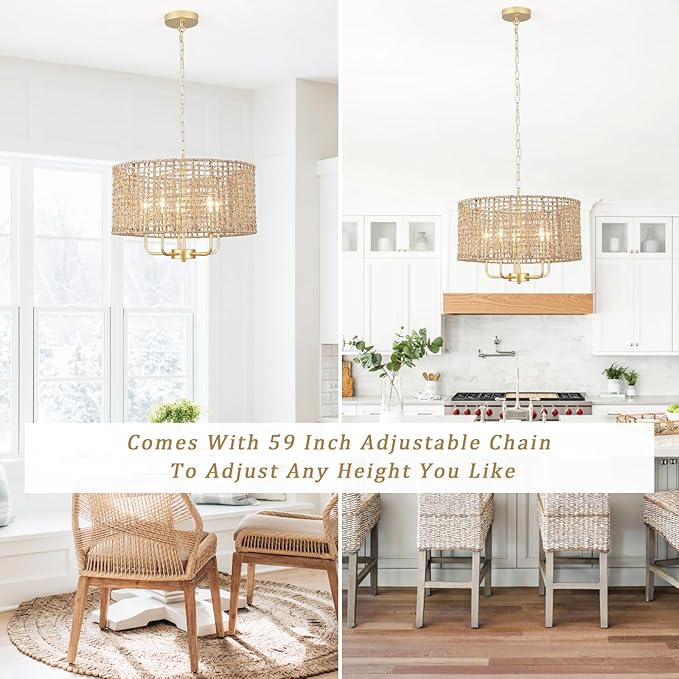 5-Light Gold Rattan Chandelier Large Hand Woven Farmhouse Chandelier with Wicker Shade Rustic Boho Pendant Light Fixtures Drum Chandeliers for Dining Room Kitchen Living Room Foyer Entryway Hallway