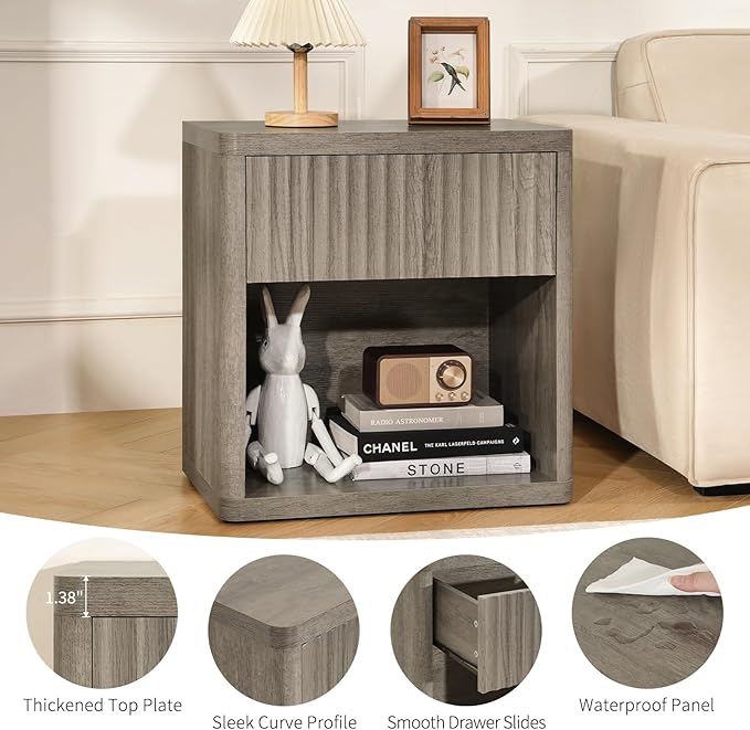 Night Stand Set of 2, Fluted Nightstand with Drawers, Wood Bedside Table with Storage, Bed Side Table Modern Nightstands Wide Night Stands, Sofa End Tables Side Tables for Bedroom Living Room