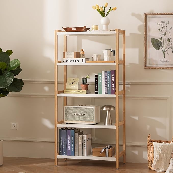5 Tier Book Shelf- Bamboo Bookcase with Storage, Industrial Bookshelf & Wooden Open Shelves, Modern Bookshelves for Living Room, Bedroom, Office, Natural White