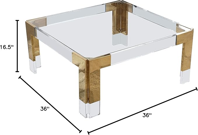 Meridian Furniture Casper Collection Modern | Contemporary Glass Top Coffee Table with Sturdy Stainless Steel and Acrylic Base, 36" W x 36" D x 16.5" H, Gold