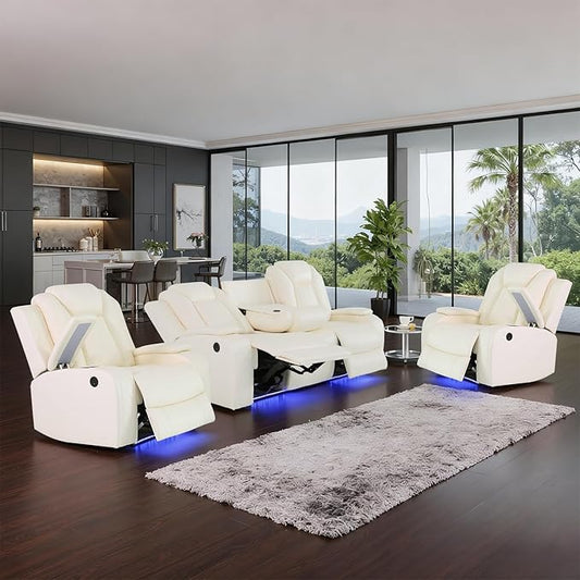 Power Leather Recliner Sofa Set with LED Light,Reclining Sofa and 2*Chairs Set with Coffee Table/USB Charger/Storage,Luxury Leather Couch for Living Room/Home Theater(3+1+1 Seats,Creamy)