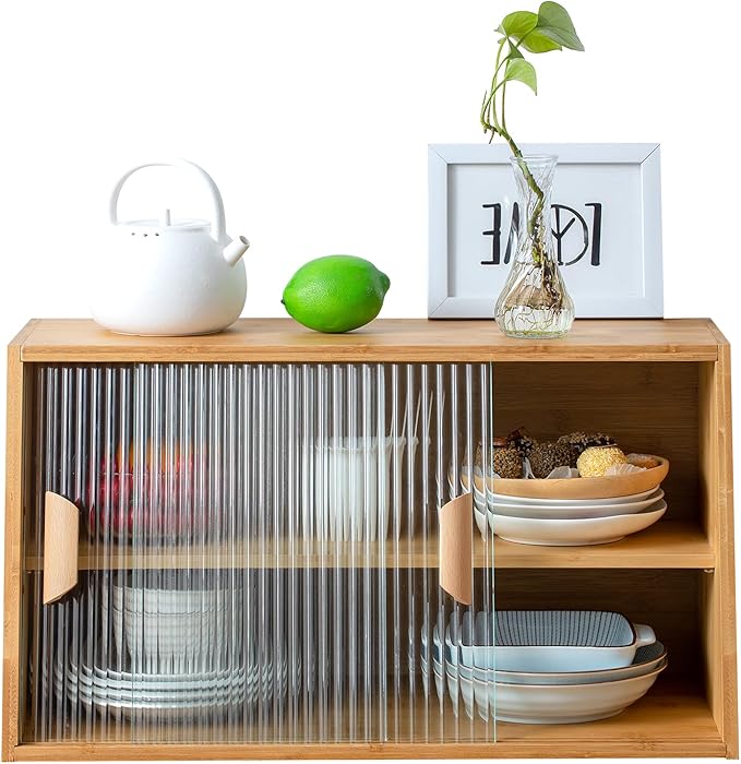 HollyHOME Small Bamboo Kitchen Pantry Sideboard with 2 Glass Doors and Adjustable Shelf, Freestanding Countertop Storage Cabinet for Bottles, Dish, Bowl, Console Dining Cupboard, Burlywood