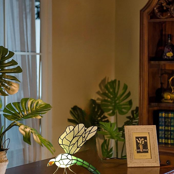 Tiffany Table Lamp Green Dragonfly Stained Glass Bedside Nightstand Night Light,3 Color-Temperature,Handcrafted Light for Living Room,Bedroom+LED Bulb,Home Decor Gifts