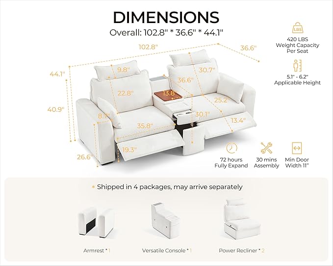 102.8'' Loveseat Power Recliner Sofa with Headrest, Oversized Cloud Modular Sectional Reclining Couch with Table, Storage Drawer, Charging, 2-Seater for RV Home Theater, Chenille, White