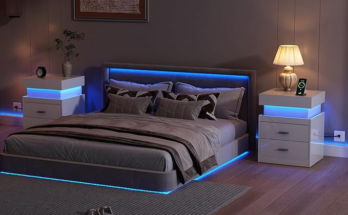 ChooChoo LED Nightstand with Charging Station, Smart Night Stand with Sliding Top Storage, 2-Drawers High Gloss Bedside Table, Modern End Table for Bedroom,White