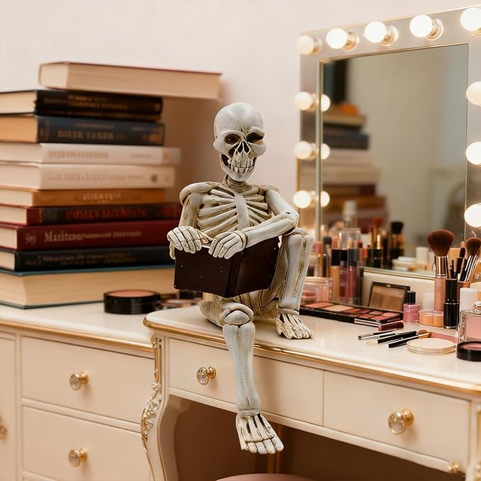 Modern Reading Figurine Decor Office, Human Skeleton Decor Library Resin Abstract Reading, Christmas Decorations Indoor Halloween for Graveyard, Thinker Style for Office Shelf Desktop
