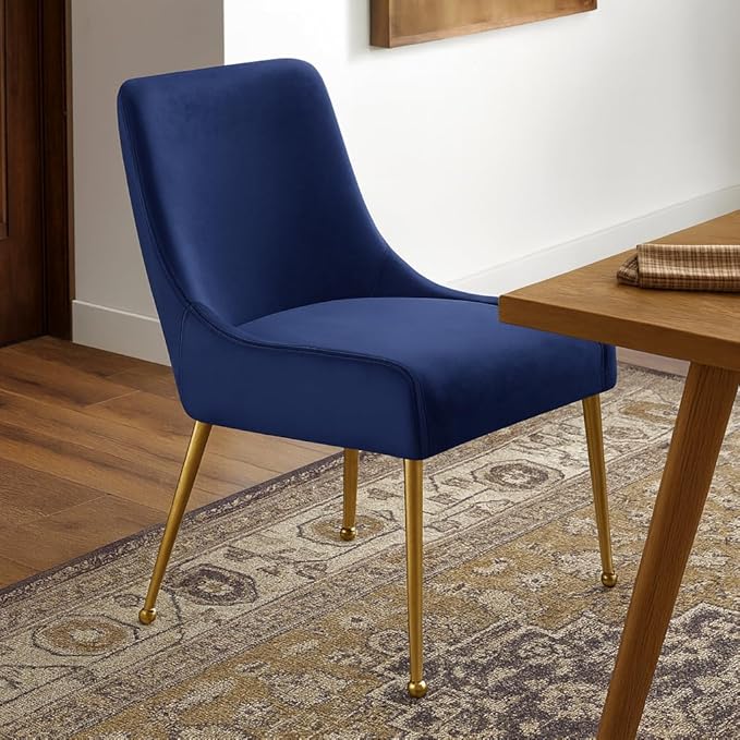 Meridian Furniture Owen Collection Modern | Contemporary Velvet Upholstered Dining Chair with Polished Gold Legs, Set of 2, 24" W x 21" D x 34.5" H, Navy