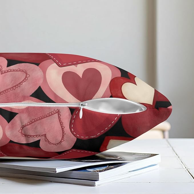 Valentines Outdoor Pillow Covers 18x18 Set of 2 Red Black Love Heart Farmhouse Decorative Throw Pillows Valentine Day Wedding Cushion Case for Home Sofa Couch Bed