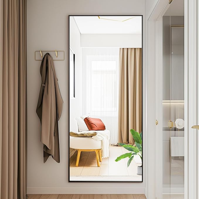 DUMOS Full Length Mirror with Stand, 56"x21" Floor Mirror with Aluminum Alloy Frame for Bedroom, Standing Full Body Mirror with Shatter-proorf Nano Glass for Wall, Living Room, Cloakroom, Black