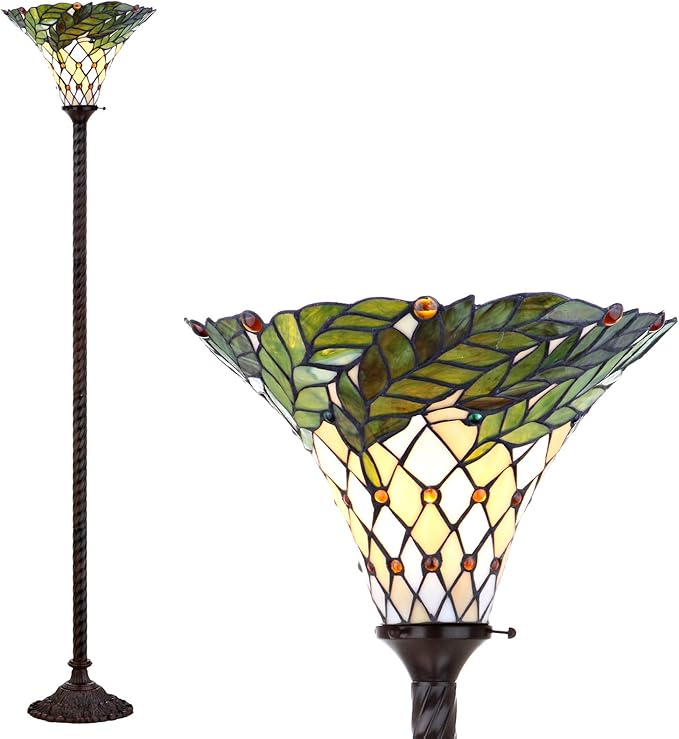 JONATHAN Y 71" Bronze Botanical Tiffany-Style Torchiere LED Floor Lamp, Handcrafted Stained Glass Bowl Shade, Traditional Iron Standing Lamp for Living Room, LED Bulb Included JYL8004A