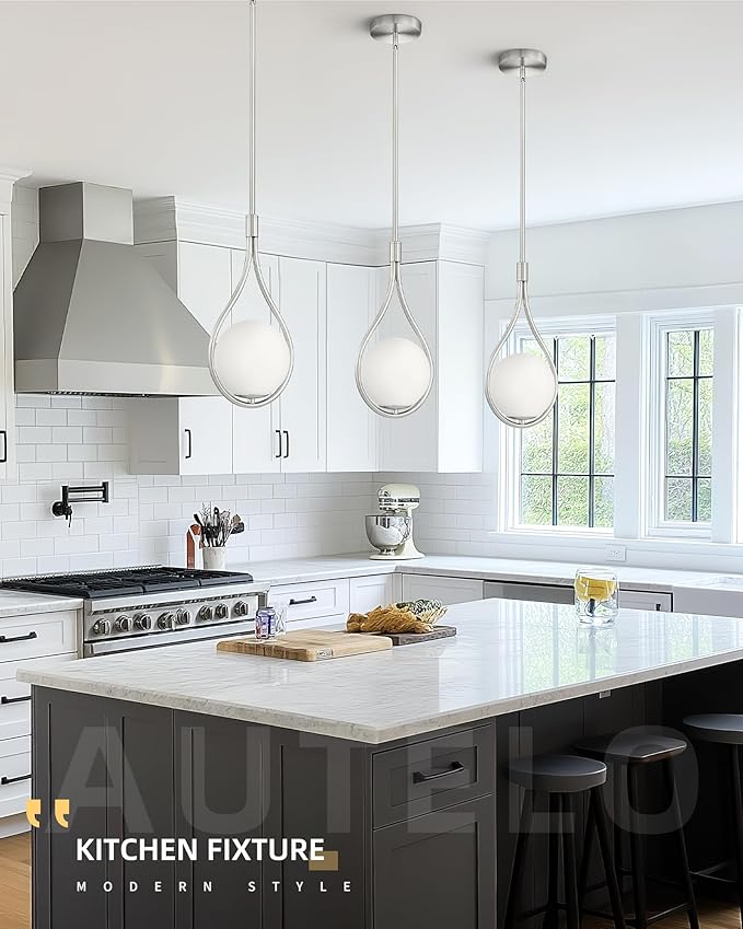 AUTELO Modern Pendant Lights Kitchen Island, 1-Light Pendant Lights in Brushed Nickel Finish with Milky White Globe Glass, Nickel Pendant Light Fixtures, Hanging Lamp for Kitchen Island H9377 MGST