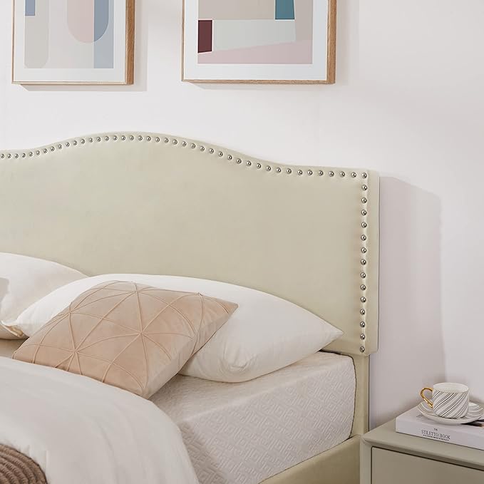 VECELO Full Bed Frame, Platform Bed Frame with Adjustable Height Upholstered Headboard, Heavy-Duty Frame and Strong Wooden Slats Support, Non-Slip and Noise-Free, Easy Assembly, Beige