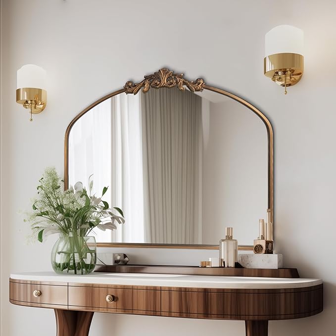 Gold Wall Mirror, Large Arched Vintage Baroque Ornate Mirrors, Traditional Decorative Antique Brass Mirror for Entryway, Living Room, Bedroom, Bathroom Vanity, Fireplace Mantel(Gold,29"x36")