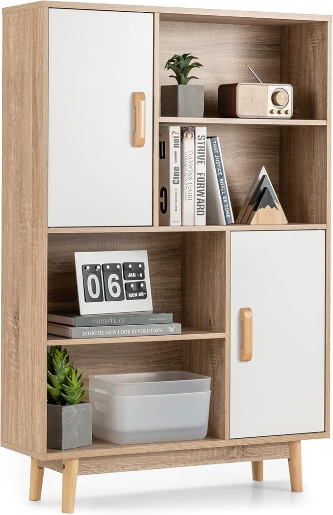 Giantex Storage Cabinet with Legs, Floor Cabinet with Doors, Shelves, Anti-Tipping Device, 4-Tier Bookshelf for Books & Photos, Tall Cupboard in Living Room, Kitchen Buffet Sideboard