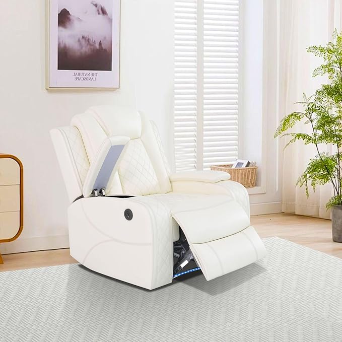 Power Recliner with LED, Creamy White Leather Reclining Chair for Living Room, Recliner Chair with Storage Armrest/USB Ports for Living Room/Bedroom/Office
