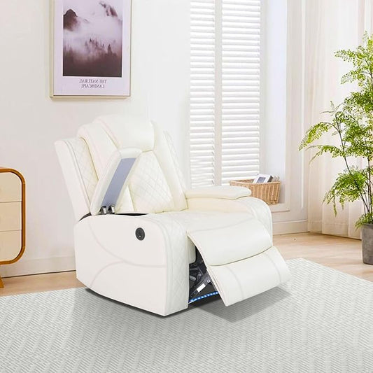 Power Recliner with LED, Creamy White Leather Reclining Chair for Living Room, Recliner Chair with Storage Armrest/USB Ports for Living Room/Bedroom/Office