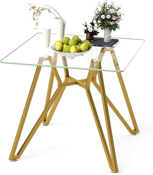 KEIKI 35.4-inch Square Tempered Glass Dining Table, Suitable for 2-4 People, Space-saving Small Kitchen Dining table, Equipped with Sturdy Metal Table Legs, Suitable for Dining Room, Living Room, Gold