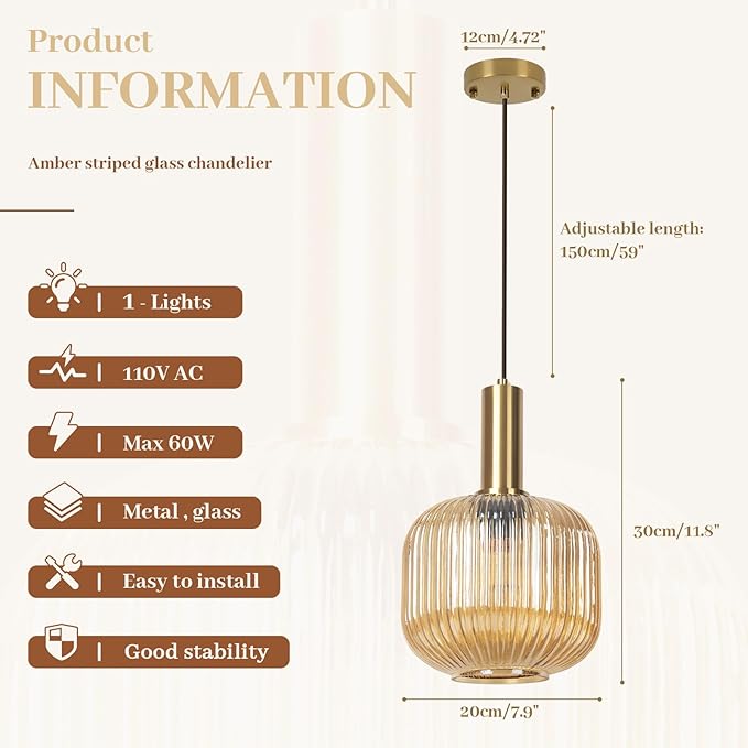 Amber Glass Pendant Light, Mid Century Modern Pendant Lights Kitchen Island, Vintage Gold 1-Light Ceiling Hanging Light Fixtures for Dining Room Bedroom Hallway Bar