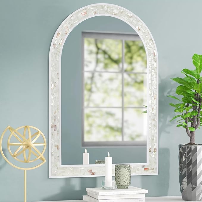 Tanmicoshomy White Arched Wall Mirror 24x36 Inches, Mosaic Bathroom Mirror with Shell Frame for Bathroom Living Room Bedroom or Entryway
