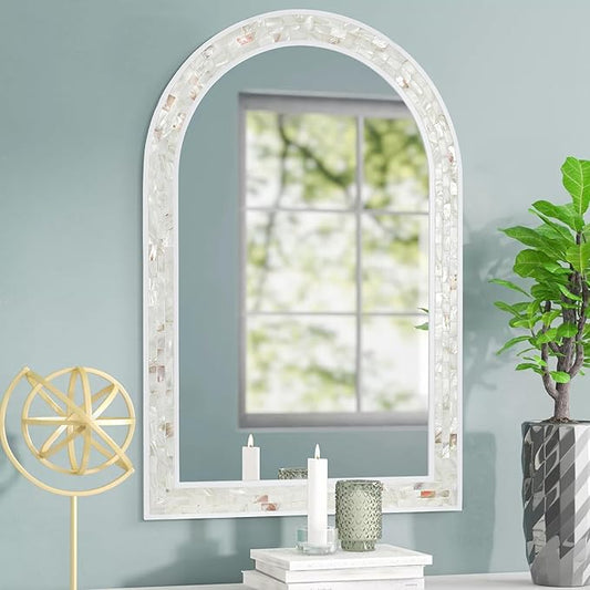 Tanmicoshomy White Arched Wall Mirror 24x36 Inches, Mosaic Bathroom Mirror with Shell Frame for Bathroom Living Room Bedroom or Entryway