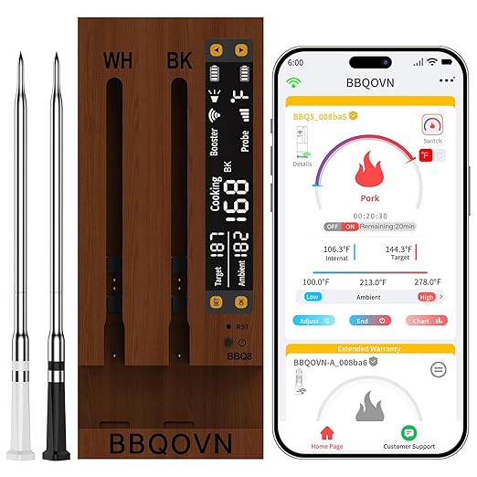 (Luxury Walnut Wood) WiFi Sub-1G Wireless Meat Thermometer Unlimited Range 7 NIST Certified Sensors with Ambient Temp 2 Temp Monitoring Ways Digital Smart Base and App for Smoker, Grill, Oven
